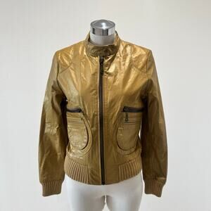 DOMA Womens Leather Bomber  Moto Jacket Gold Shimmer Vintage Y2K M